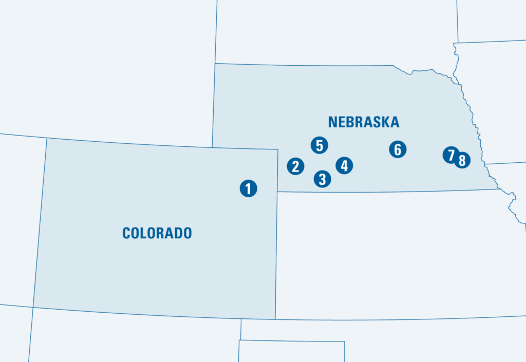 Map showing Colorado and Nebraska with different locations marked with numbers 1 through 8.